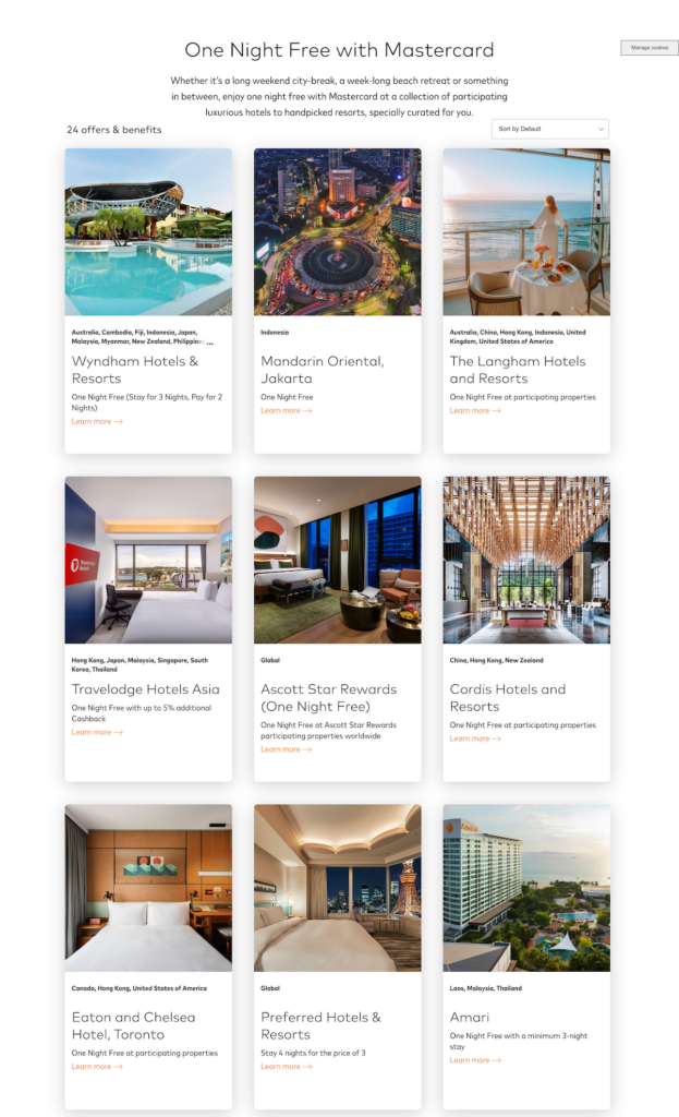 Mastercard One Night Free 活動官方宣傳圖，全球飯店住 3 送 1 優惠