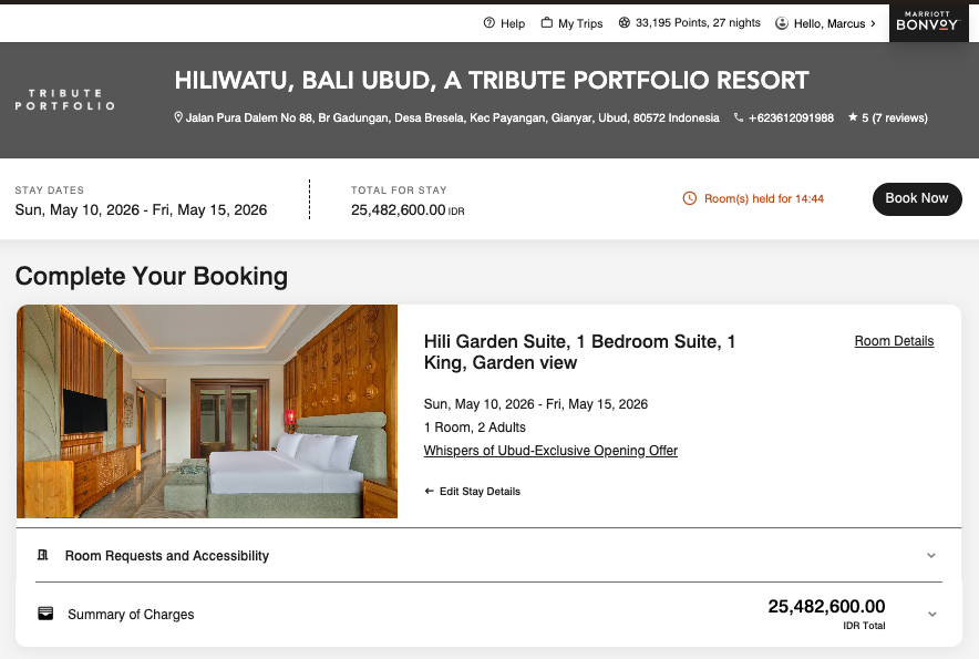 Cash for Hili Garden Suite 峇里島 Hiliwatu Tribute Portfolio Resort Hili Garden Suite 一臥套房現金預訂頁面,5 晚定價 IDR25,482,600