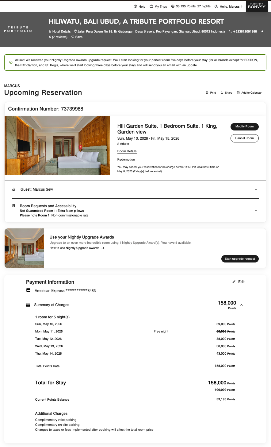 Hiliwatu Reservation Marriott Bonvoy Hiliwatu 峇里島 Tribute Portfolio Resort 實際預訂頁面,158,000 積分含住五付四,頁面顯示 NUA 升等申請確認橫幅及操作入口