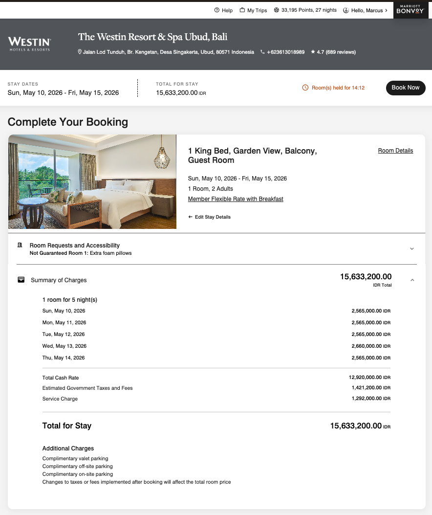 Westin Cash Marriott Bonvoy The Westin Resort Spa Ubud 峇里島 Garden View 基本房現金預訂頁面,5 晚含稅總價 IDR15,633,200