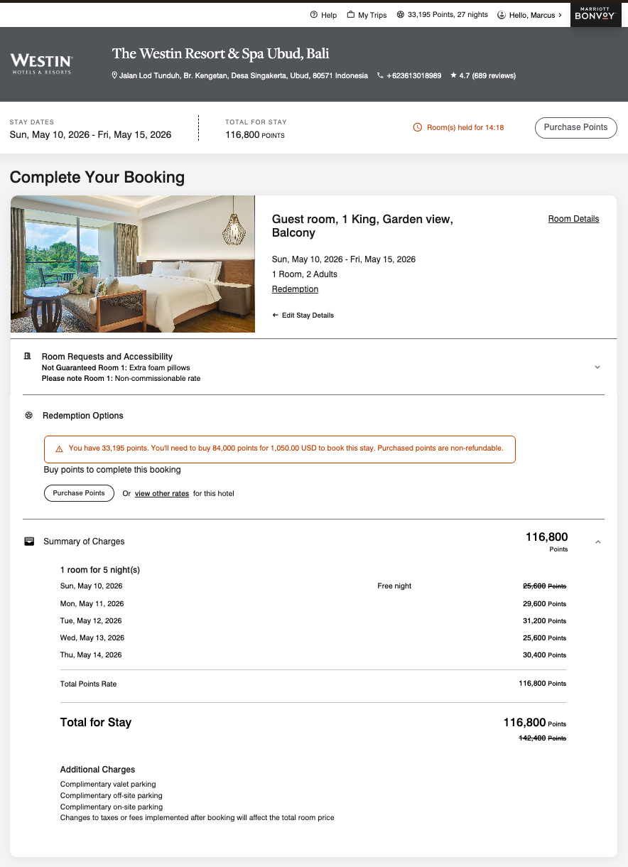 Westin Point Marriott Bonvoy Westin Ubud 峇里島積分兌換頁面,住五付四後總積分 116,800 點,5 月 10 日為免費晚