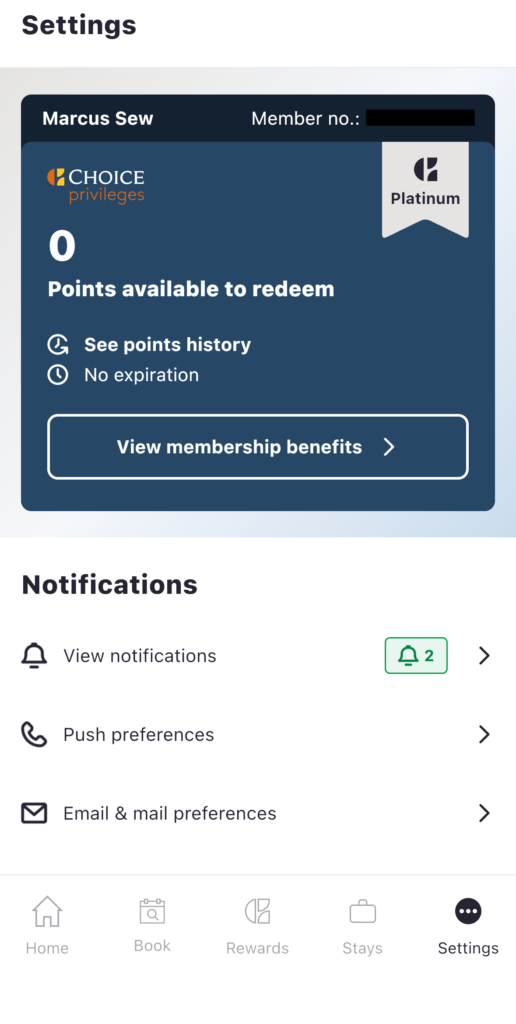 IMG_0725 Choice Privileges app 中顯示已晉升為 Platinum 會員