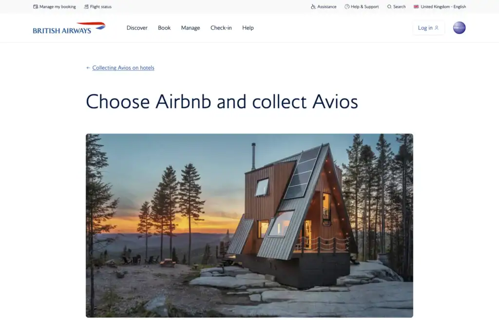 英航 British Airways 的 Airbnb 訂房入口頁面