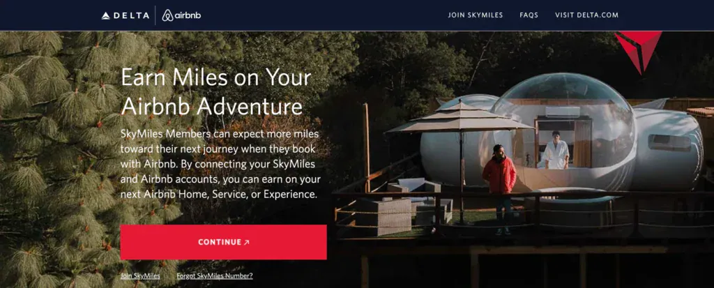 達美航空 Delta SkyMiles 的 Airbnb 訂房入口頁面