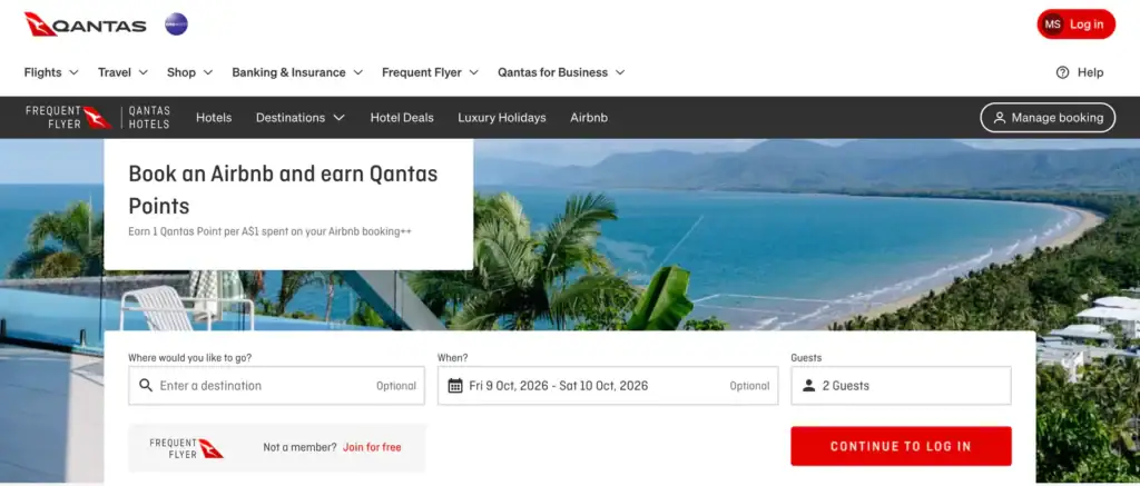 澳洲航空 Qantas Frequent Flyer 的 Airbnb 訂房入口頁面