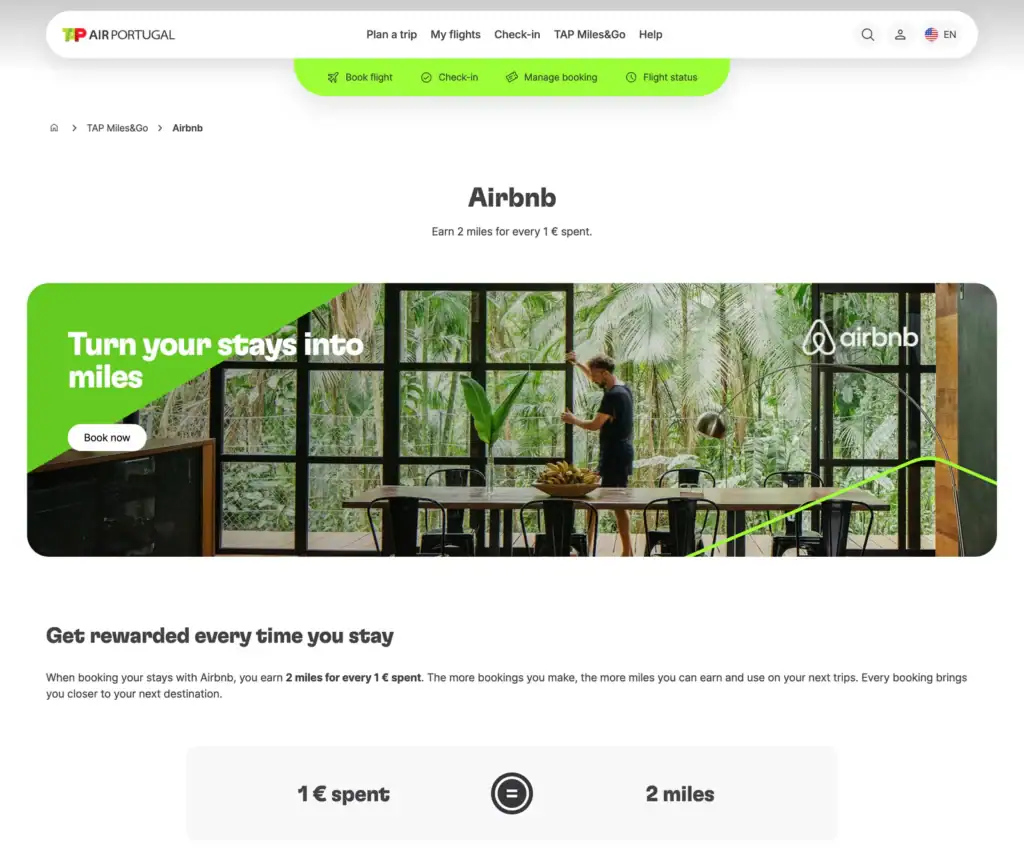 葡萄牙航空 TAP 的 Airbnb 訂房入口頁面